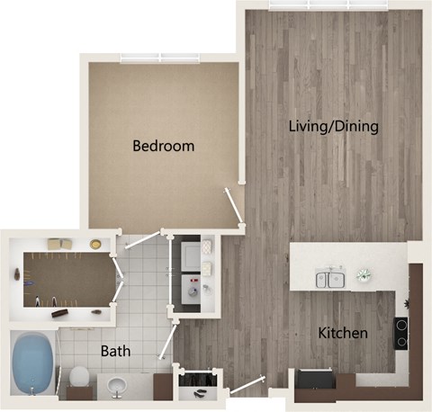 Floor plan for 1 bed, 1 bath, 789 sqft